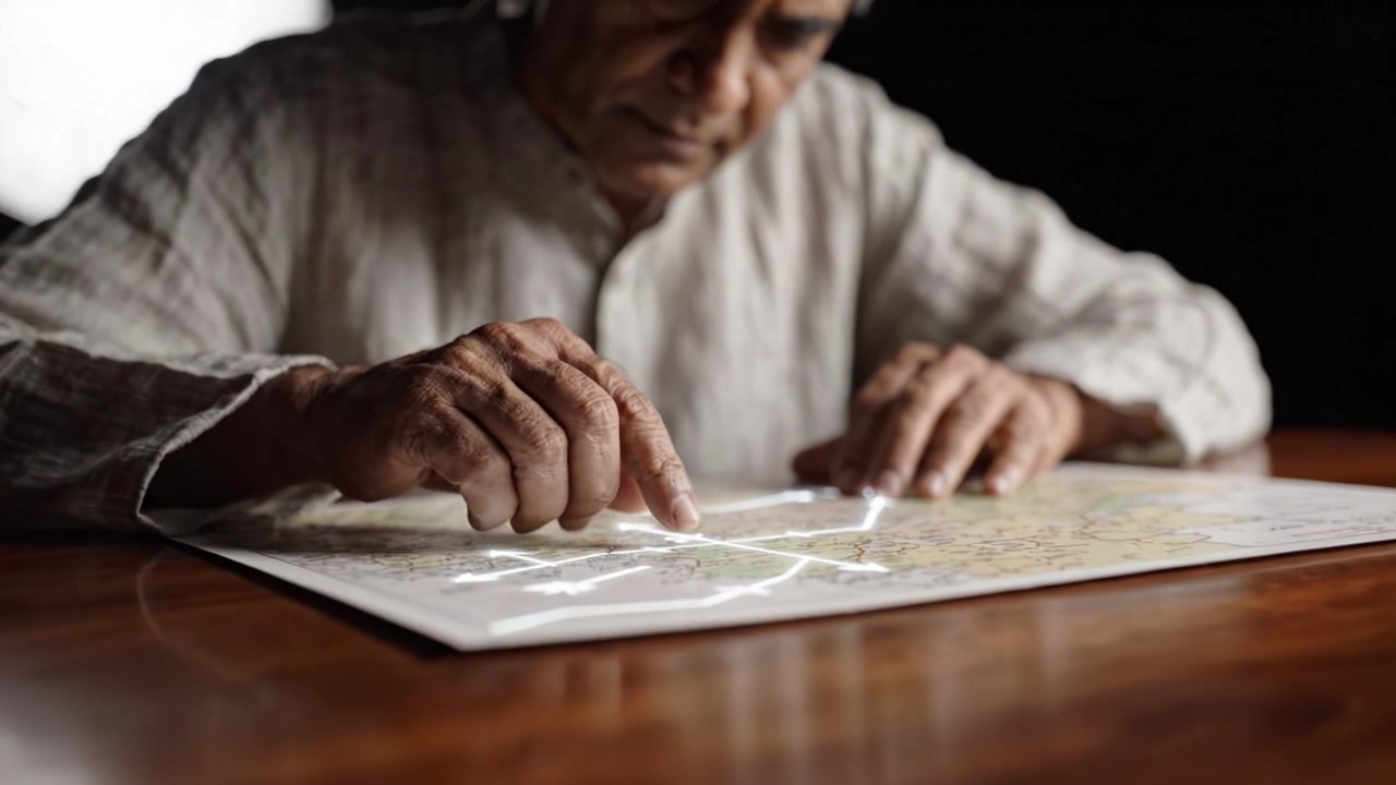 An elderly man studies a detailed map, tracing routes and locations with his finger, highlighting his focus and connection to the geography before him.