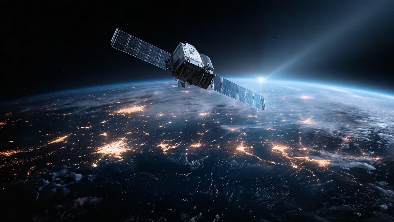 A Stunning View of a Satellite Orbiting Earth, Capturing Vibrant Illuminations of Cities Below with the Sun Rising on the Horizon in the Background