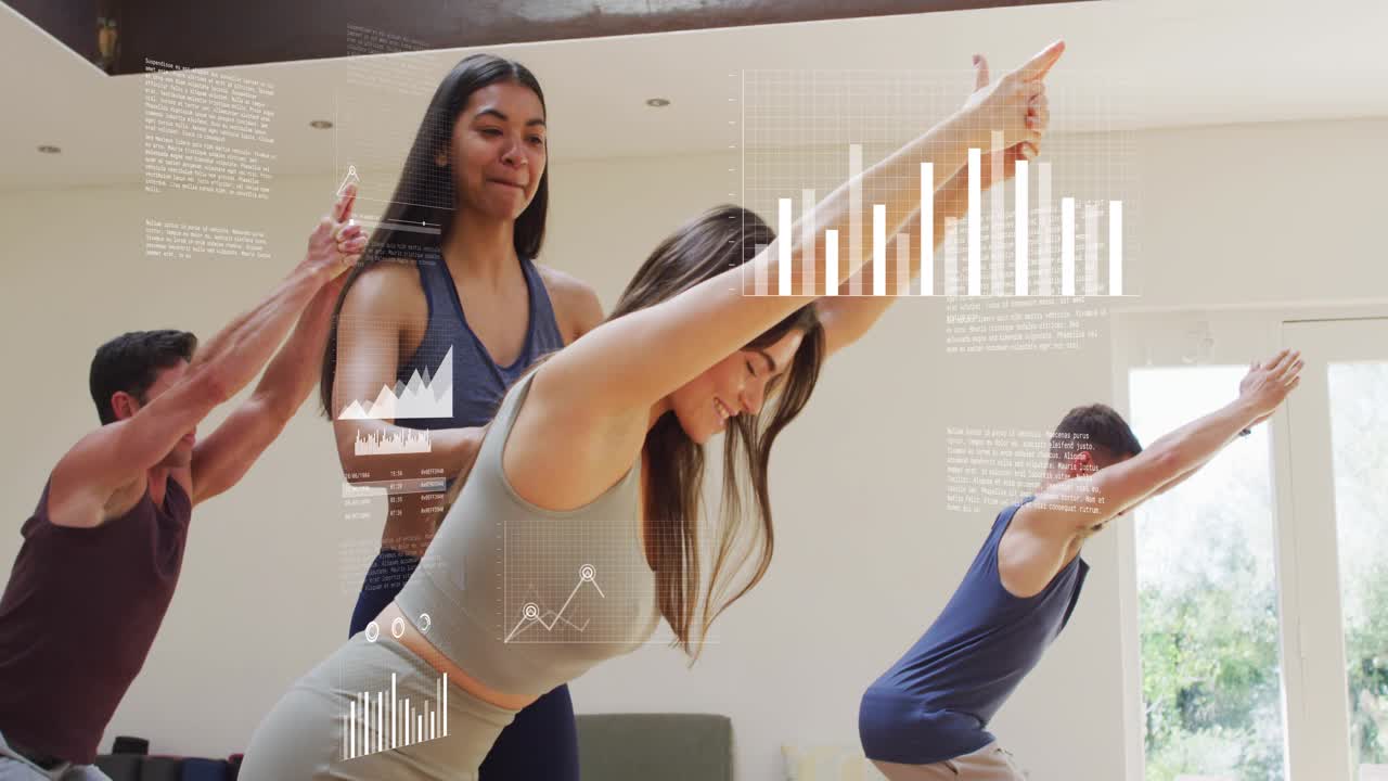 Coach moving in, placing hands on central woman for form while fitness AR charts overlaying bodies