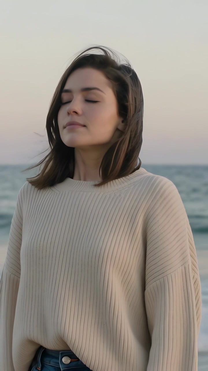 Video verticale: Donna in piedi che indossa maglione e jeans al mare, la brezza le solleva i capelli nella calma dell'alba.