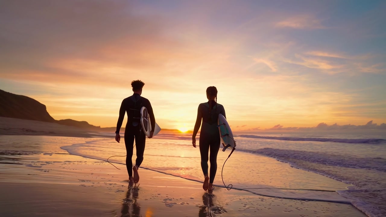 Couple Walking on Beach with Surfboards at Sunset