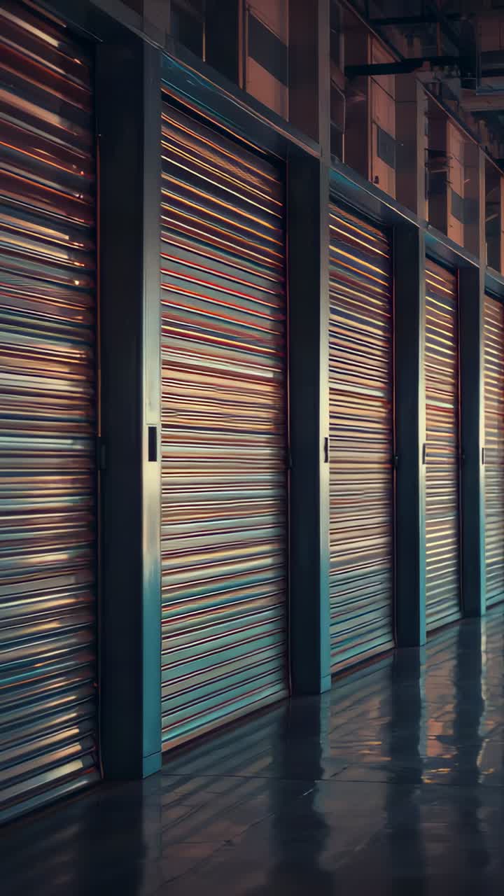 Vertical video: Panning camera revealing corrugated shutters in storage aisle with warm teal glow