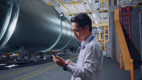 engineer using smartphone in a factory