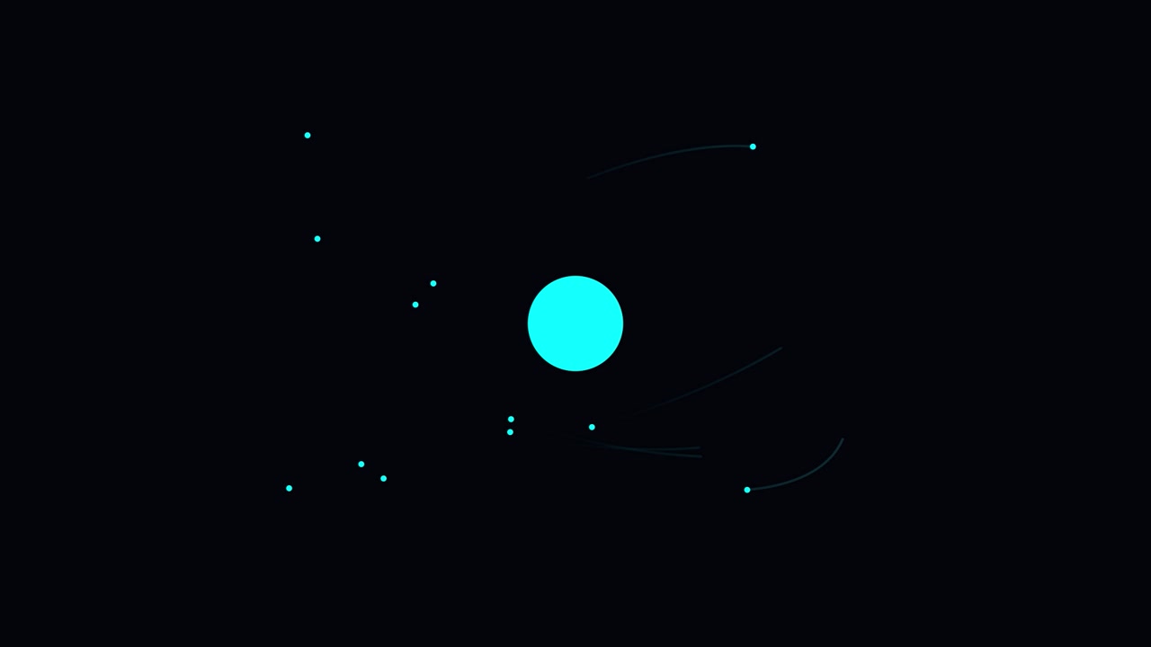 Grafica in movimento astratta di sfera ciano con particelle in orbita