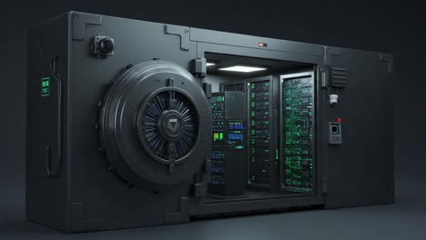 A High-Security Data Vault Featuring Advanced Server Technology, Showcasing a State-of-the-Art Design with Innovative Locking Mechanisms and High-Tech Storage Solutions