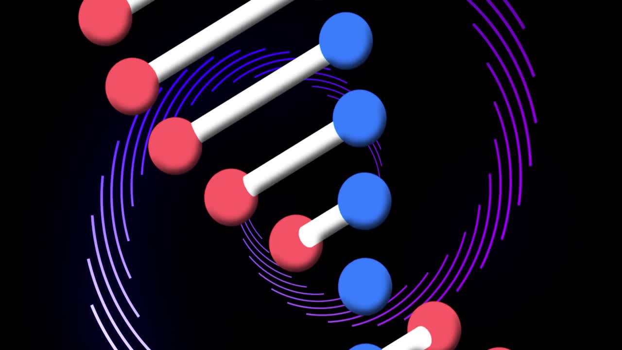 animación digital de la estructura del adn girando y rastros de luz girando contra un fondo negro
