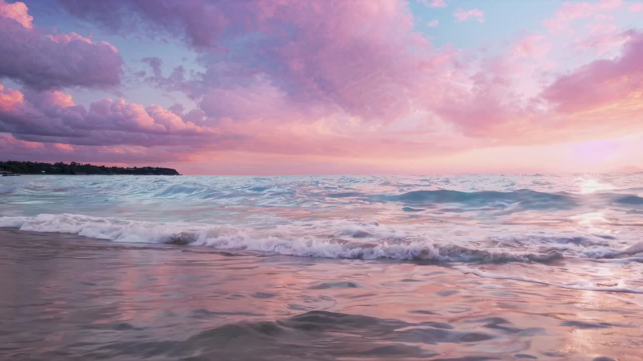 Video capturing a serene beach at sunset, with vibrant pink and purple skies reflecting on gentle