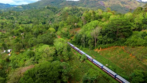 captivating aerial drone footage of a train crossing the iconic railway bridge in ella, sri lanka.