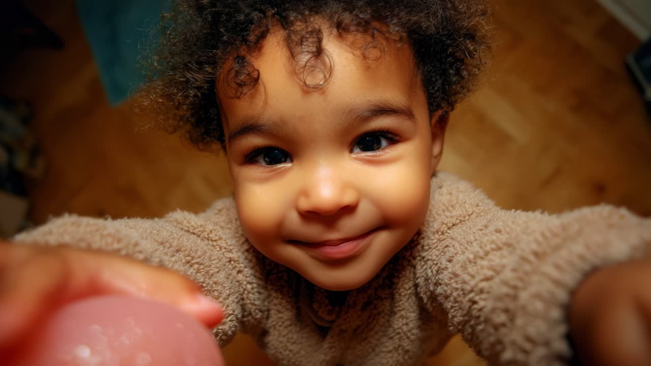 Joyful Child Embracing Playtime: A Heartwarming Capture of a Happy Toddler with a Playful Expression, Radiating Innocence and Joy in a Cozy Indoor Setting