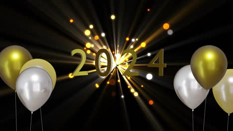 animation of gold and silver balloons with 2024 on black background