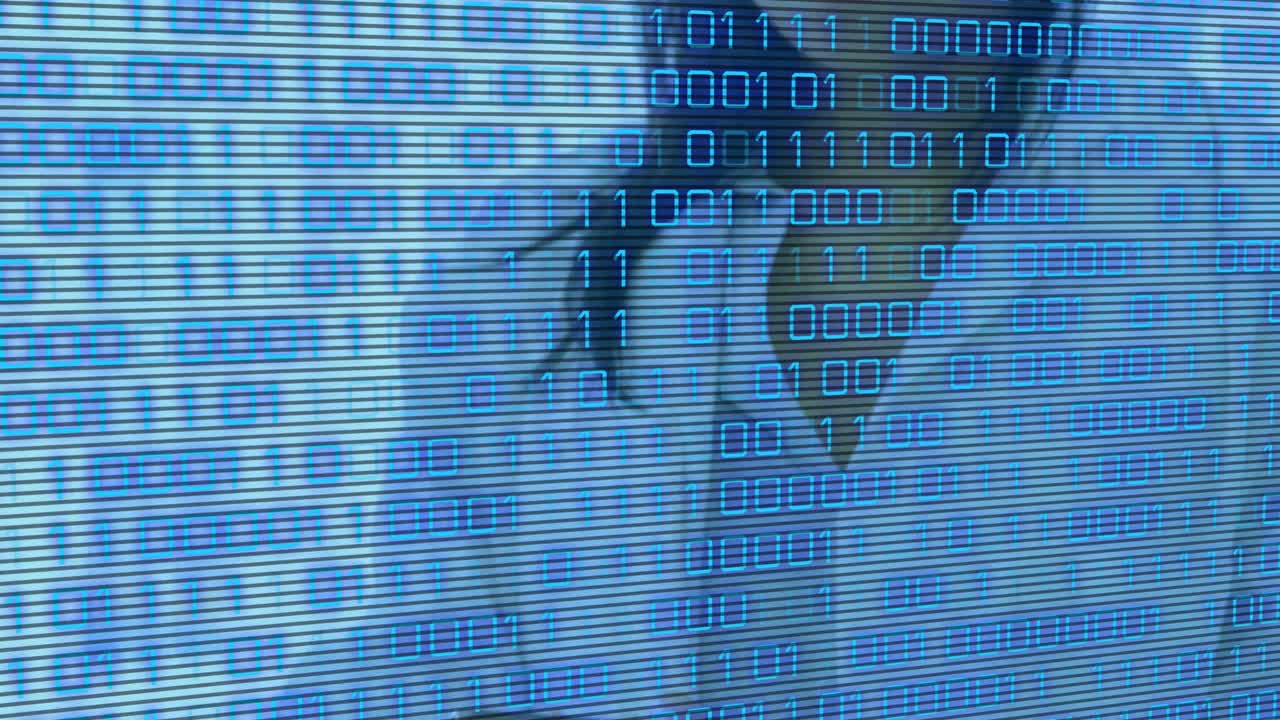 Animation of binary coding over mid section of female scientist using digital tablet at laboratory