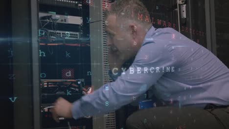 Man-working-on-computer-server-while-warning-messages-appear-in-foreground