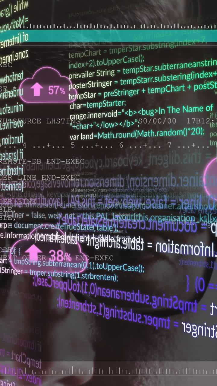 Animation of data processing over caucasian man and clouds icons