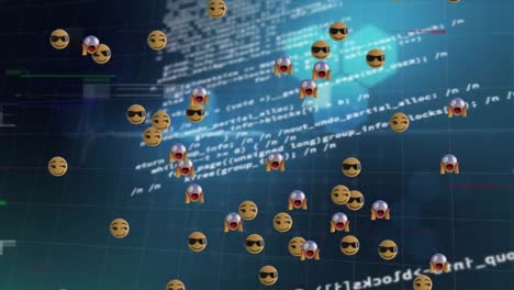 Animación-Digital-Del-Efecto-De-Falla-Sobre-Emojis-Faciales-Contra-El-Procesamiento-De-Datos-Sobre-Fondo-Azul