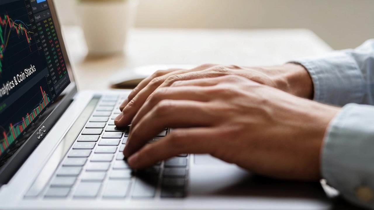 Mani maschili che digitano con polsini di camicia azzurra, reagendo ai grafici di mercato, premendo i tasti del laptop alla scrivania.