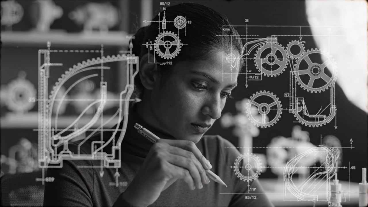 Deep in Thought: A Young Woman Analyzes Engineering Drawings and Designs in a Creative Workspace, Merging Artistry with Technical Precision in Black and White.