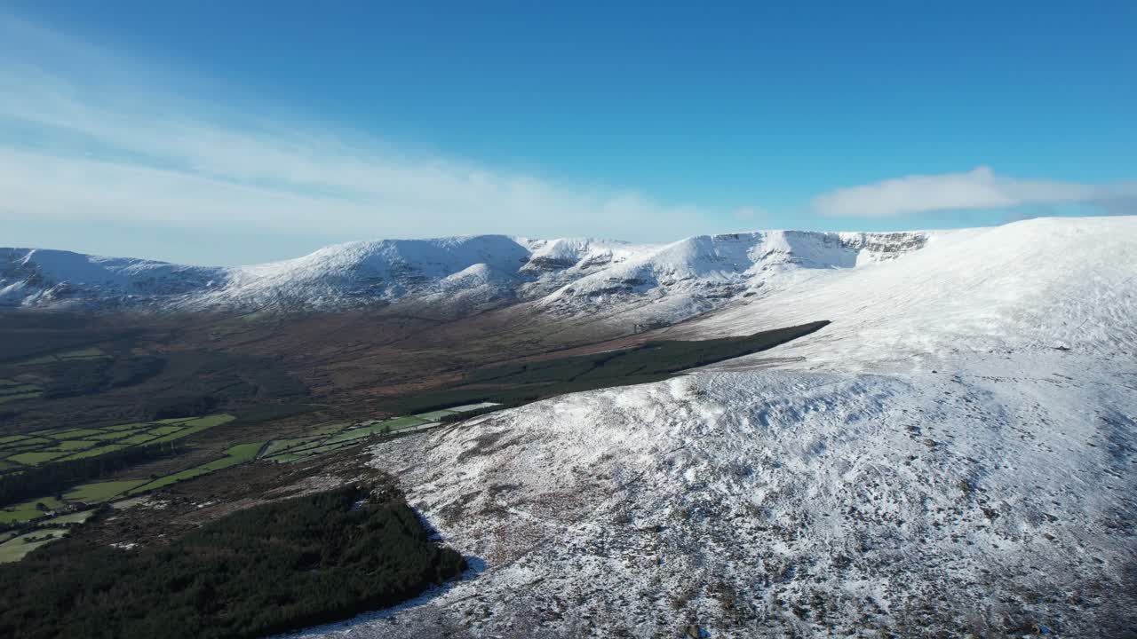 Irish Landscapes drone panning right Comeragh Mountain range covered in snow epic vista of wild beauty