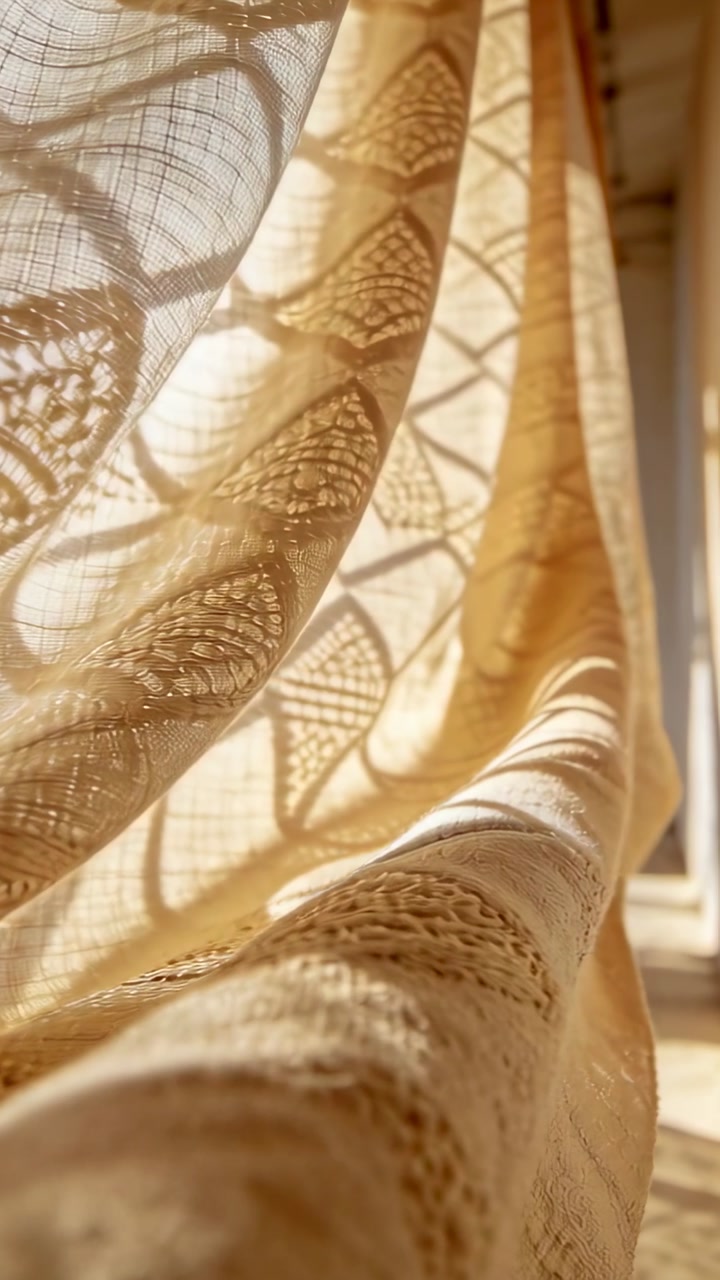 Lace drape drifting rippling settling from breeze on sill, sunlight shifting leaf shadows for decor