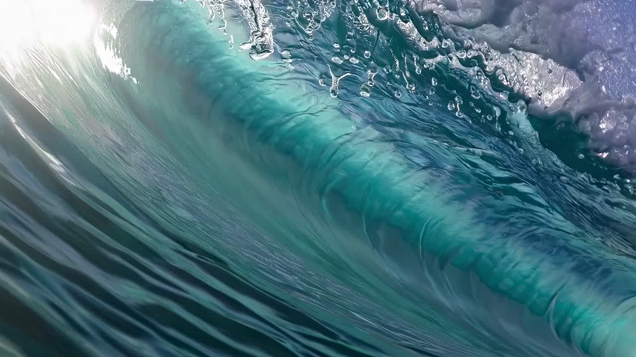 Dynamic underwater video angle capturing a translucent wave cresting, showcasing the fluid motion