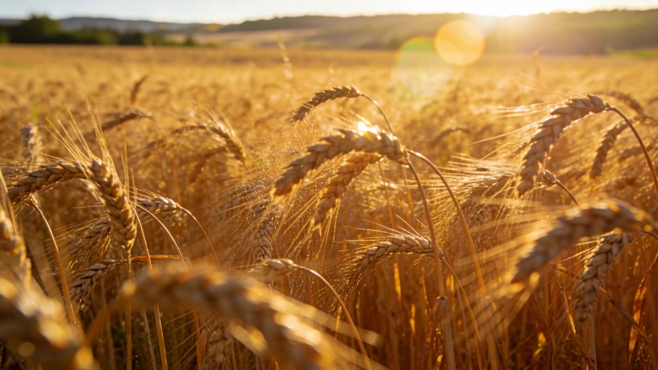 Hastes de trigo maduro balançam e se curvam em campo rural sob o sol baixo, movidas por uma brisa suave, com reflexo de lente