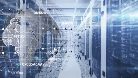 animation of spinning globe, light spot and mosaic squares against computer server room