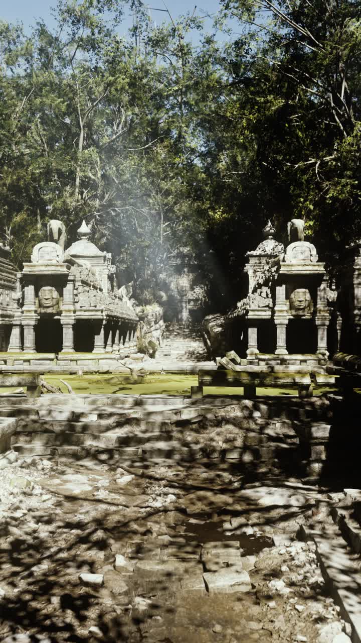 Morbidi raggi dell'alba accentuano le caratteristiche scolpite del tempio e i sereni dintorni.