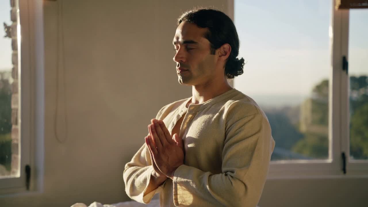Starting eyes closed, sitting male praying, clasping hands near windows at home in cream top