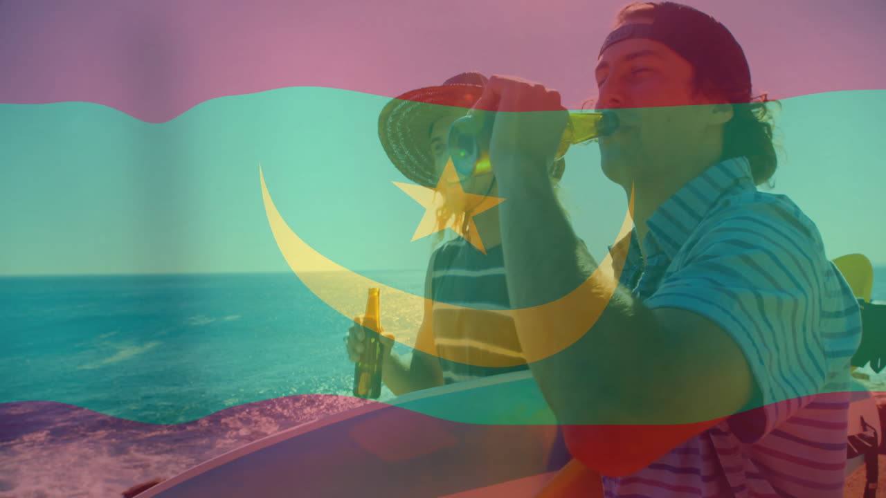 On boat, two people drinking with Mauritania flag animation overlay