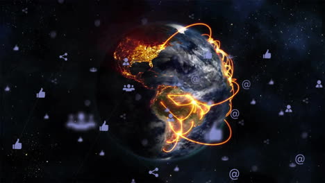 animation of glowing network connections with social media icons surrounding earth