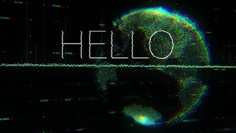 animation of hello text over globe on dark background