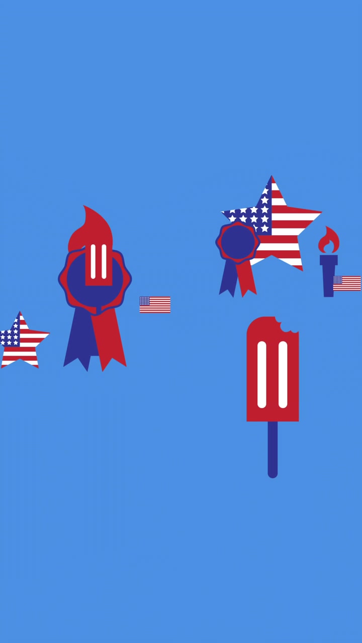 Animation of american flags and independence day icons moving over blue background