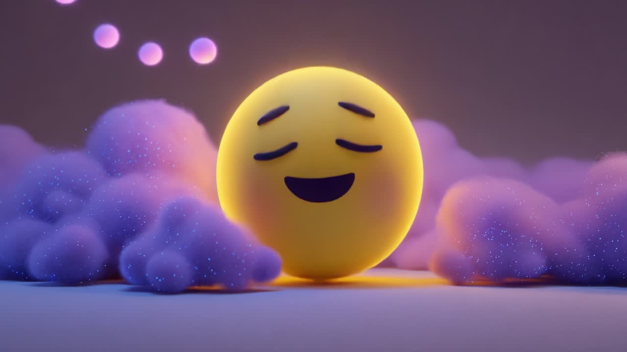 A joyful and serene animated emoji character, surrounded by fluffy colorful clouds, transitions from a calm expression to a cheerful smile, embodying positive vibes and tranquility