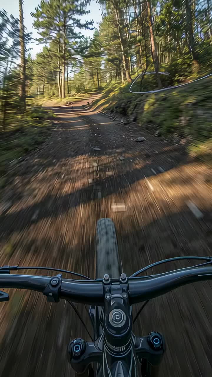 Vertical video: Approaching curving pine trail, rider steering bars, avoiding rocks, passing figure