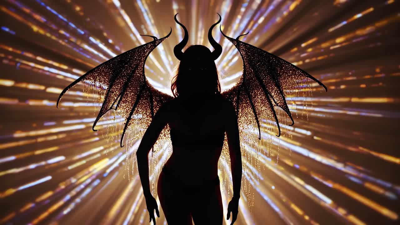 Dark horned female model sporting dramatic devil like wings, standing against luminous radial background with mystical, fantasy inspired glamorous pose creating supernatural atmosphere