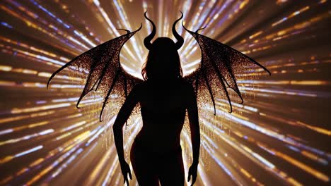 modelo femenino de cuernos oscuros con dramáticas alas de diablo, de pie contra un fondo radial luminoso con una pose mística e inspirada en la fantasía que crea una atmósfera sobrenatural