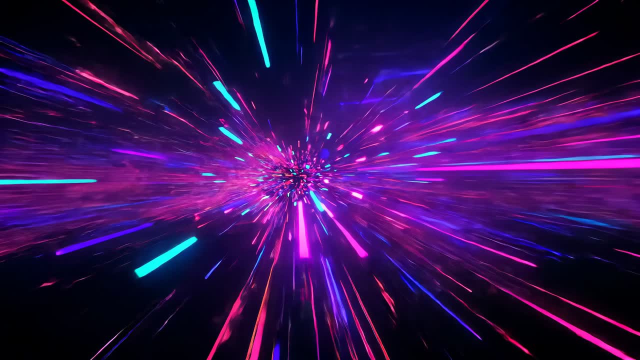 Starting neon cluster stretching into streaks through digital tunnel, with multicolored particles