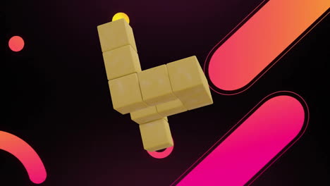 animación de cubos 3d flotantes unidos sobre formas rosadas y amarillas sobre fondo negro