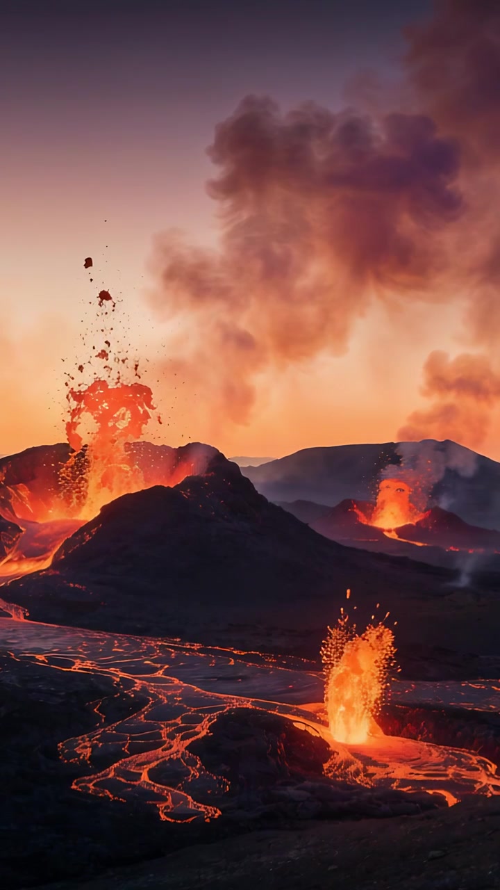 Video verticale: Fessure eruttive che emettono fontane di lava in un campo lavico al crepuscolo, con magma in risalita