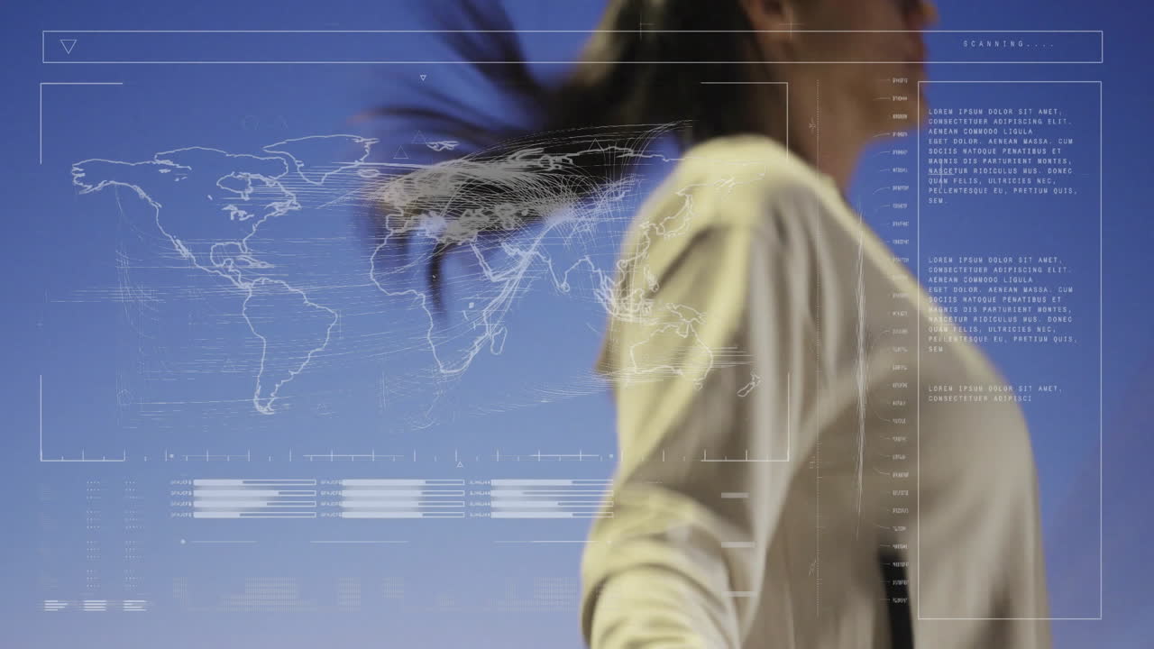 woman holding folding knife in technology dashboard, showing world map and horizontal data bars
