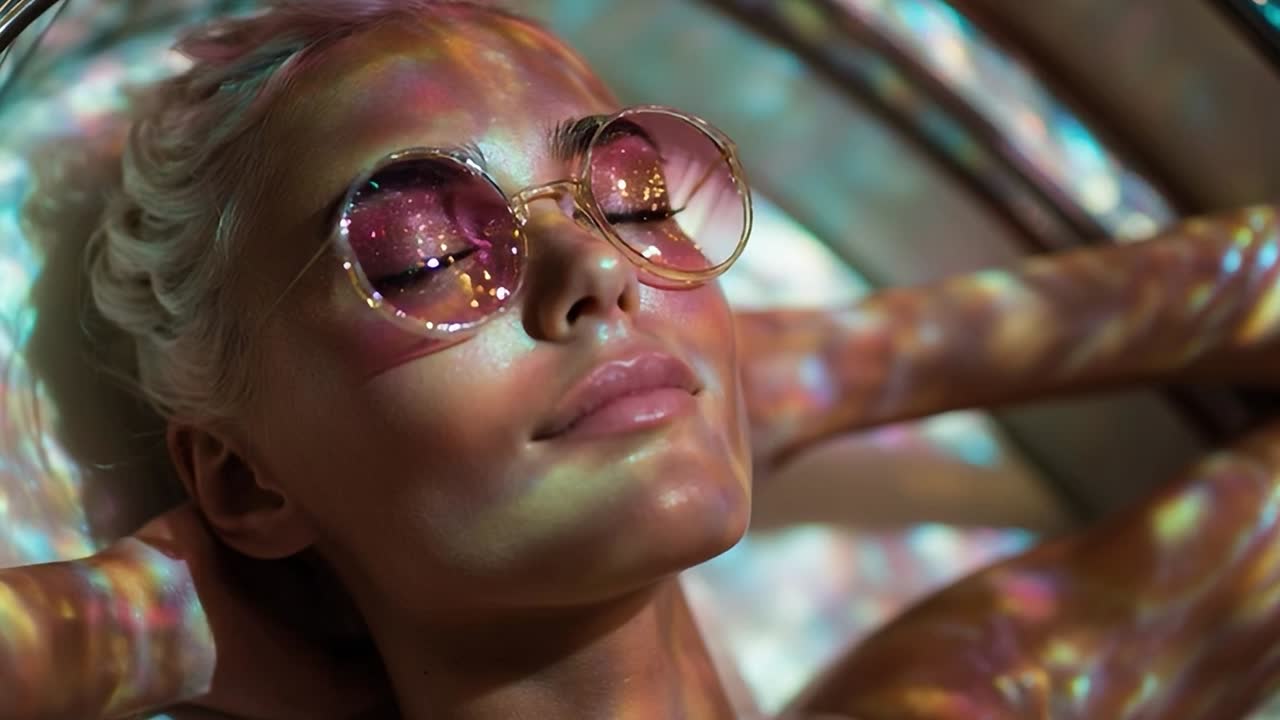 Model relaxing under colorful light reflections at a sunlit location