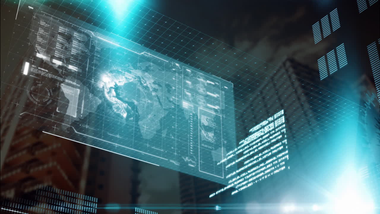Animation of financial data processing over cityscape