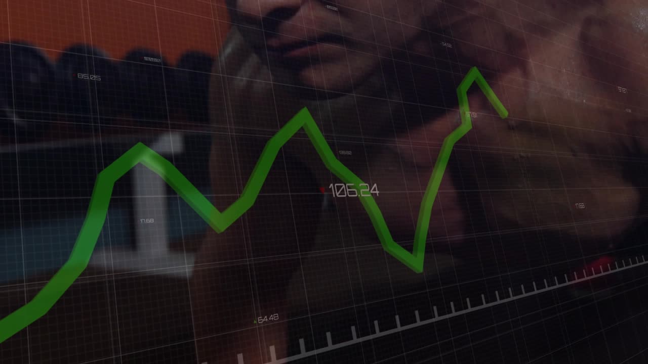 Man doing push-ups on mat, hands starting motion syncing green chart to track fitness