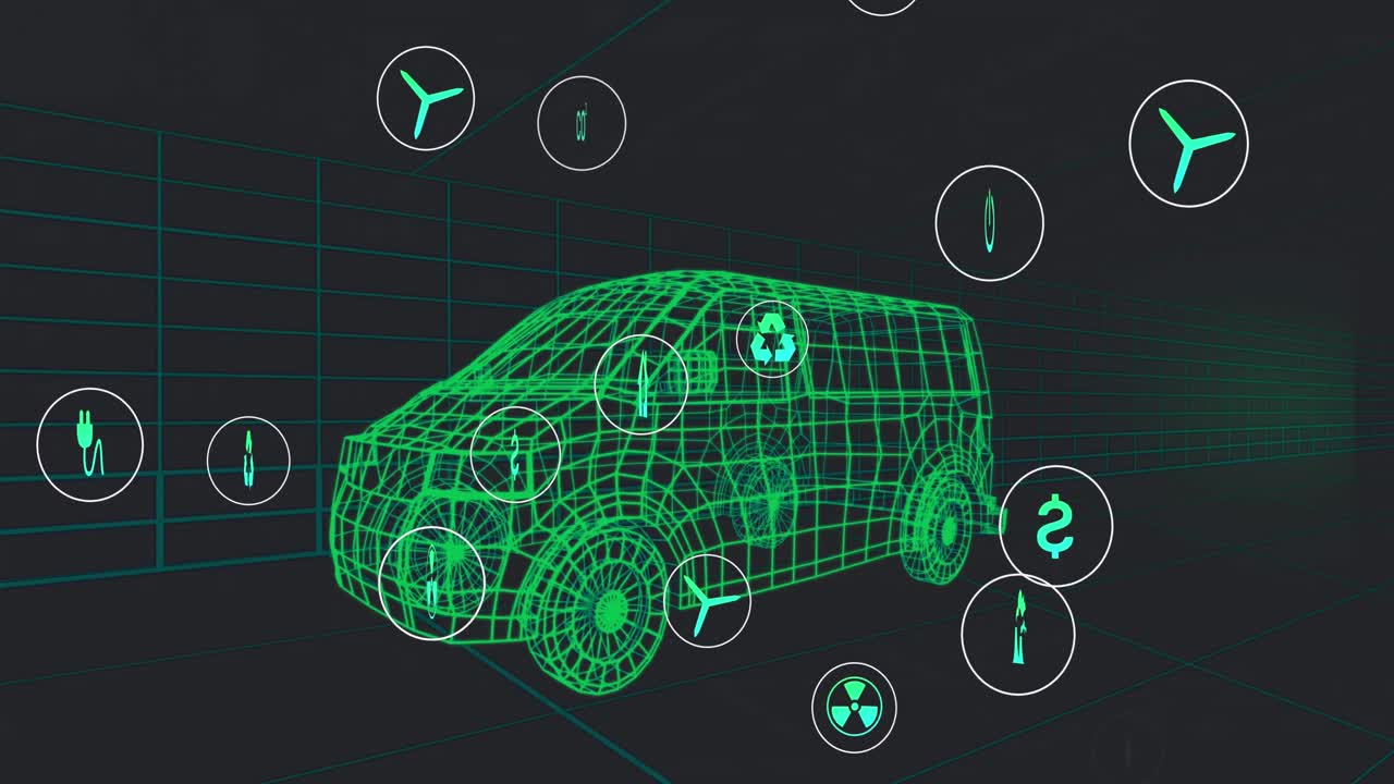 검은색 배경에서 움직이는 3d 자동차 모델 위에서 아이콘의 처리 상태 데이터를 애니메이션