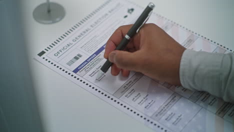 anonymous us citizen choosing which presidential candidate to vote for in paper ballot close up of anonymous us citizen choosing which presidential candidate to vote for in paper ballot in voting booth african american man at polling station national election day in united states