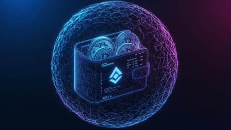a futuristic digital wallet showcasing cryptocurrency assets encased in a geometric network sphere, highlighting modern financial technology and innovation