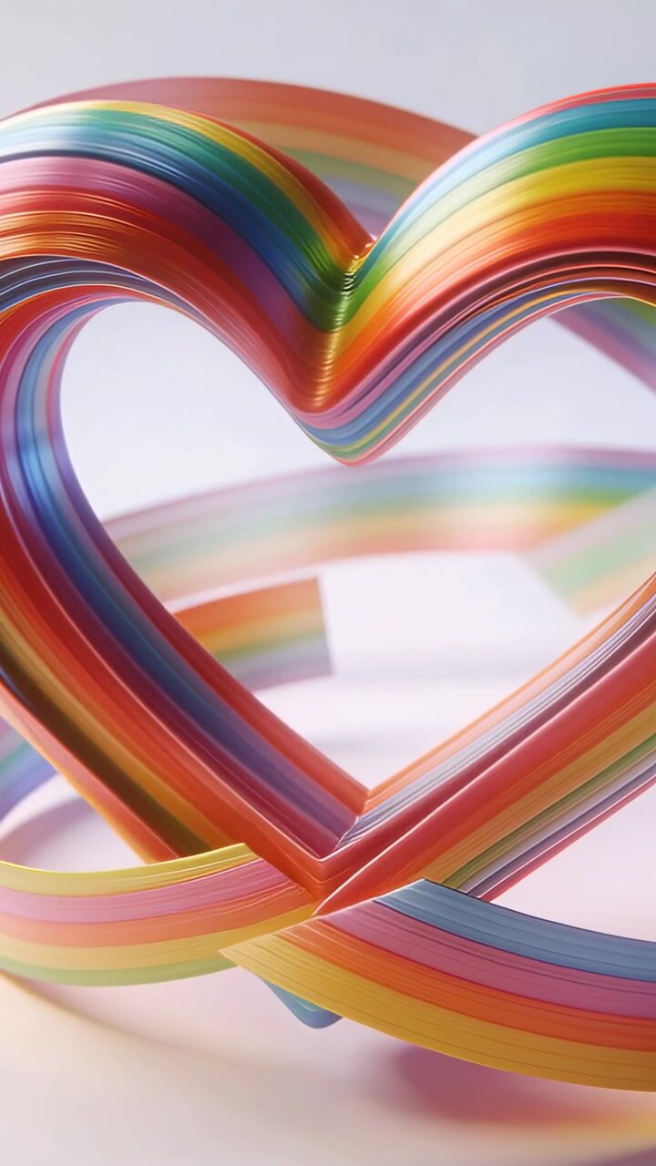 Vertical video: Clip opening rainbow ribbon forming heart loop in close-up showing pale surface