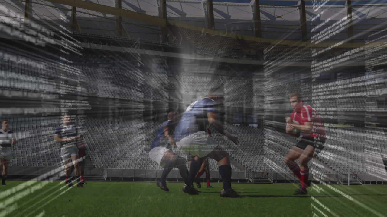 스타디움에서 럭비 선수들에 대한 데이터 처리 애니메이션