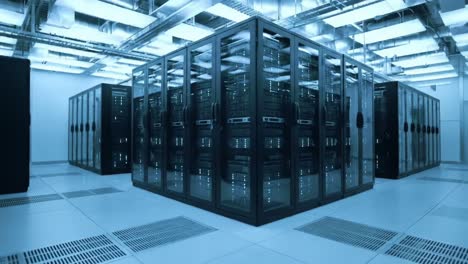 a comprehensive overview of a modern data center featuring rows of high-tech server racks in a functionally designed environment with cool lighting