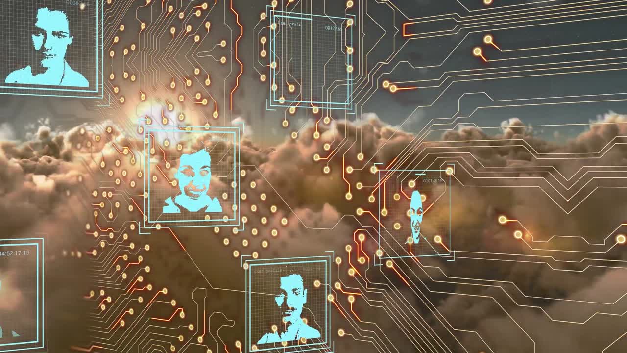 animación de usuarios de circuitos integrados y redes sociales a través de nubes