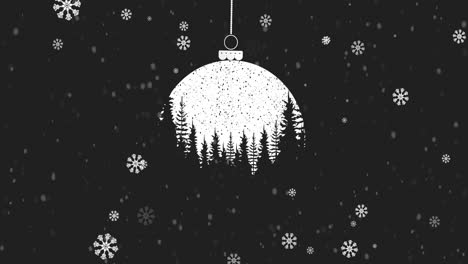 christmas bauble dangling with christmas tree pattern against snowflakes falling on black background